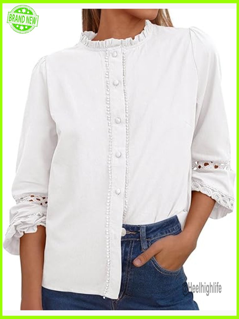 Cotton Eyelet Long Sleeve Button Up Blouse Dressy Casual Loose Fit